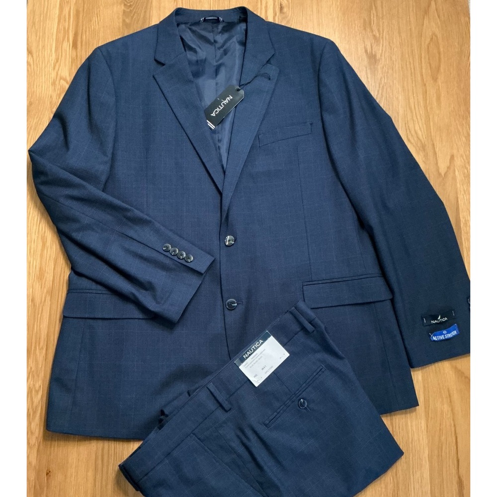 Nautica Gaff Suit 46L 41x33 Blue Plaid Modern Fit Active Stretch NWT 2 Piece
